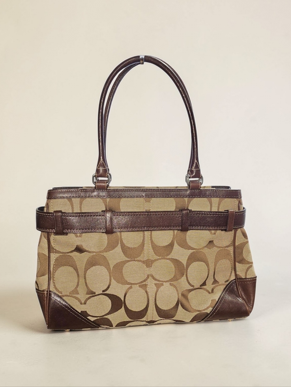 Coach Hamptons Signature Stripe Leopard Satchel | Brown Canvas Leather Horsebit - Picture 3 of 10